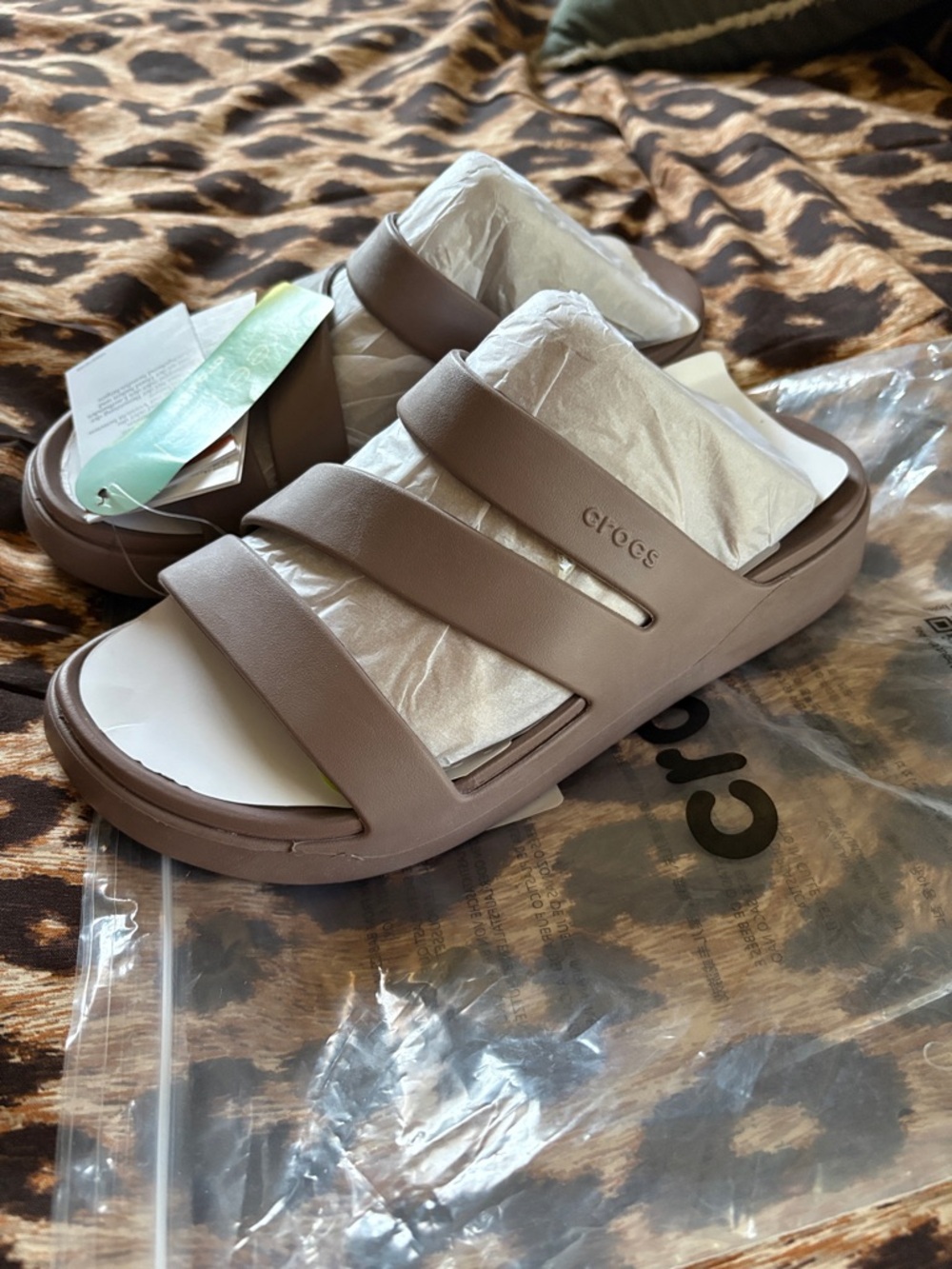CROCS Women's Triple-Strap Slide Sandals in Taupe